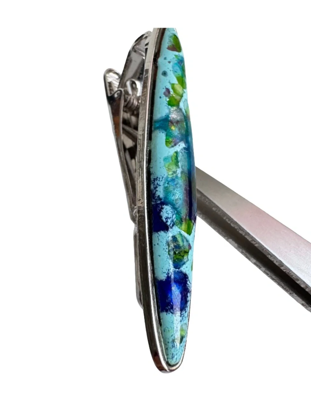 Vintage Japanese Cloisonne Tie Clip Blue Green Abstract Enamel Silver Tone Bar